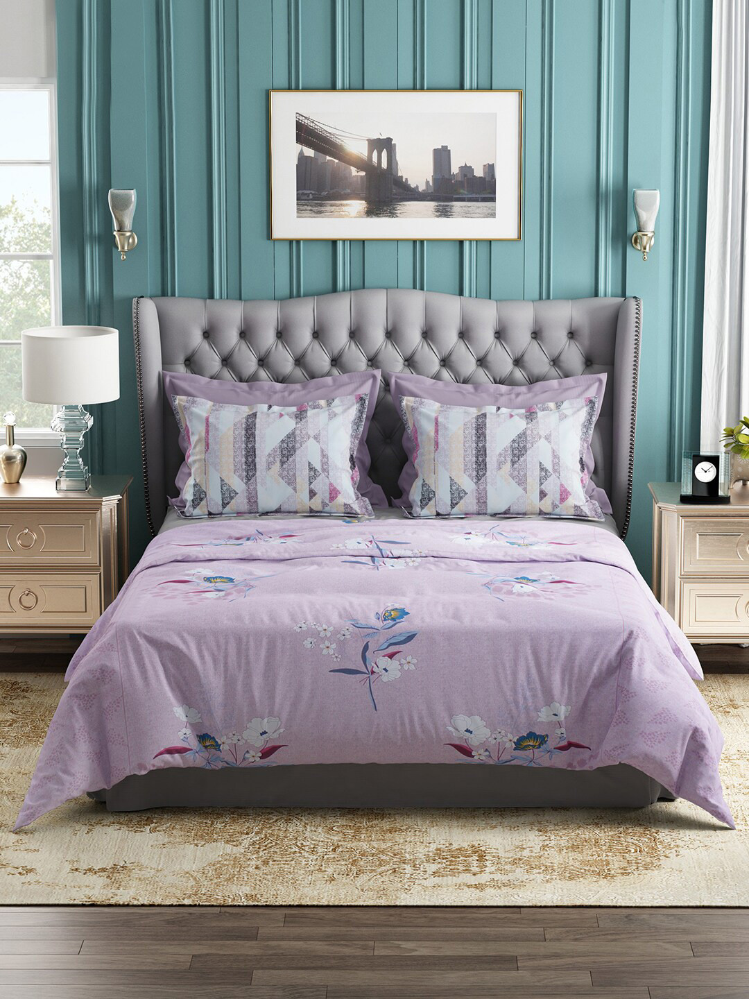 

Story@home Pink & Blue Floral 144 TC Cotton Queen Bedsheet with 2 Pillow Covers