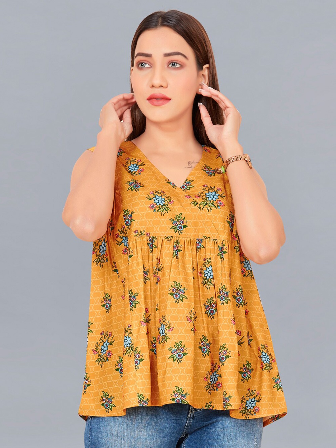 

FASHION DREAM Women Mustard Yellow & Blue Floral Print Empire Top