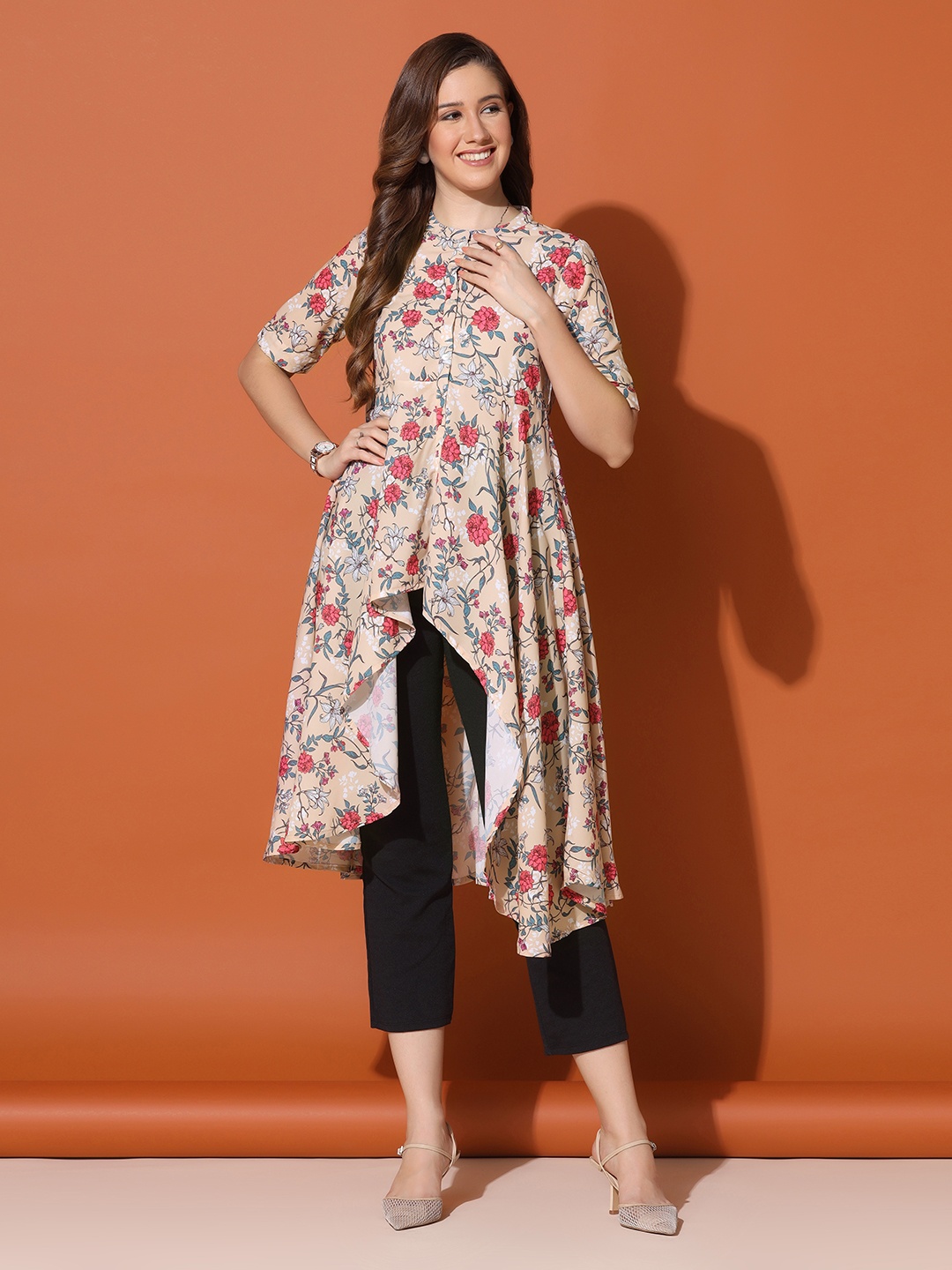 

FASHION DREAM Women Cream-Coloured Floral Print Mandarin Collar Maxi Longline Top