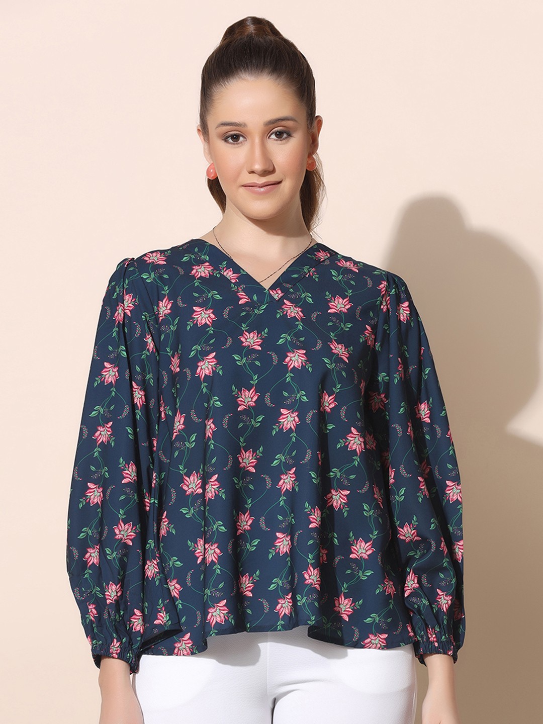 

FASHION DREAM Women Navy Blue Floral Print Top