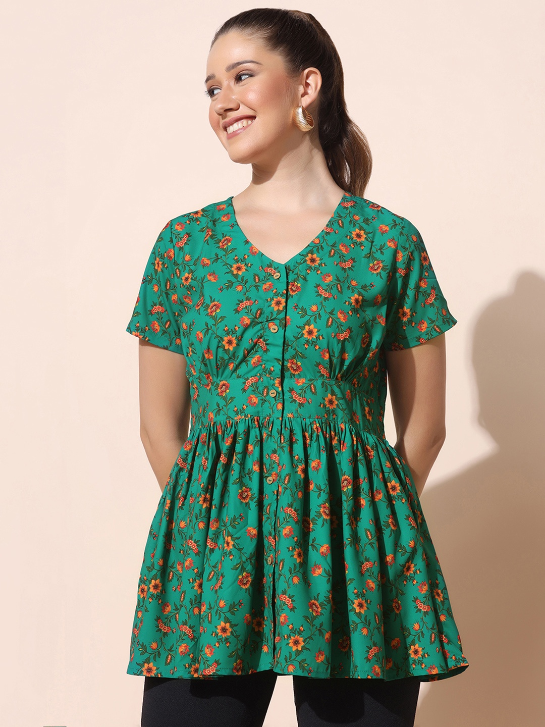 

FASHION DREAM Women Green & Yellow Floral Print Empire Top