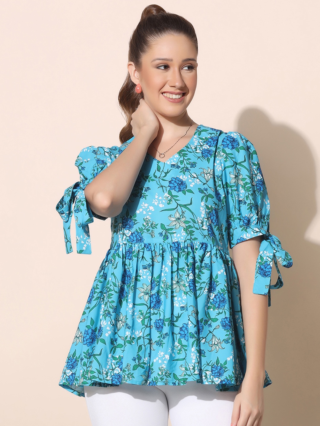 

FASHION DREAM Women Blue Floral Print Peplum Top