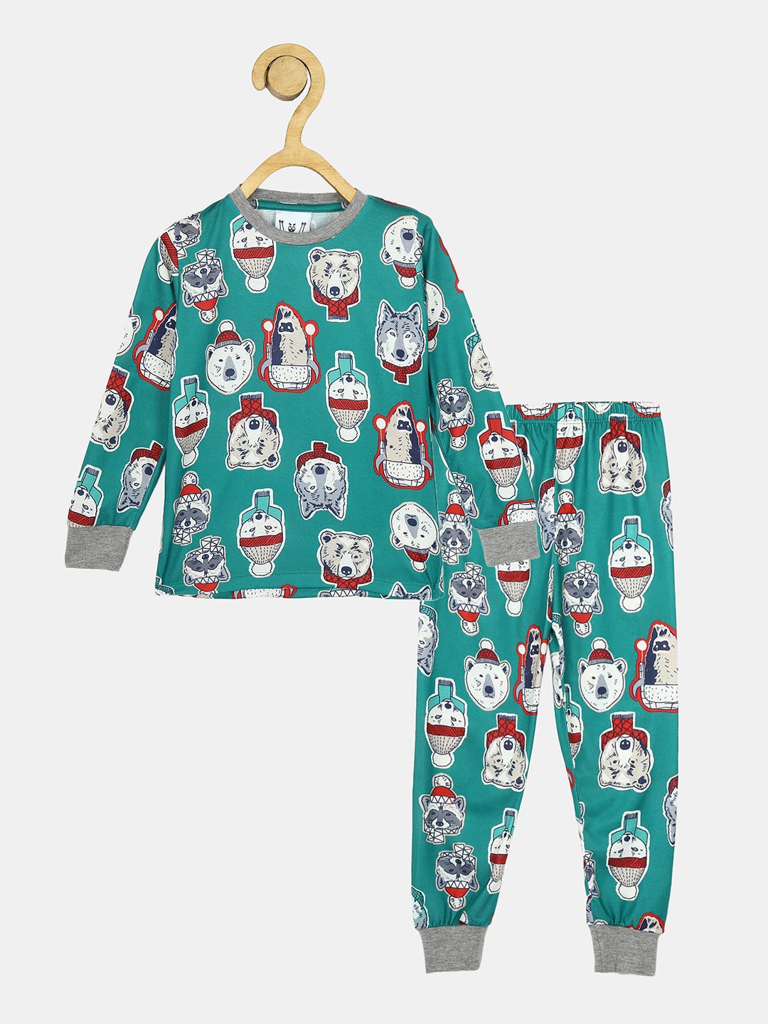 

Wyld Sprog Kids Green & White Printed Night suit