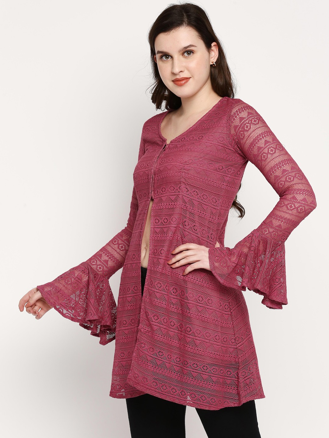 

Ira Soleil Women Pink Geometric Woven Design V-Neck Kurti