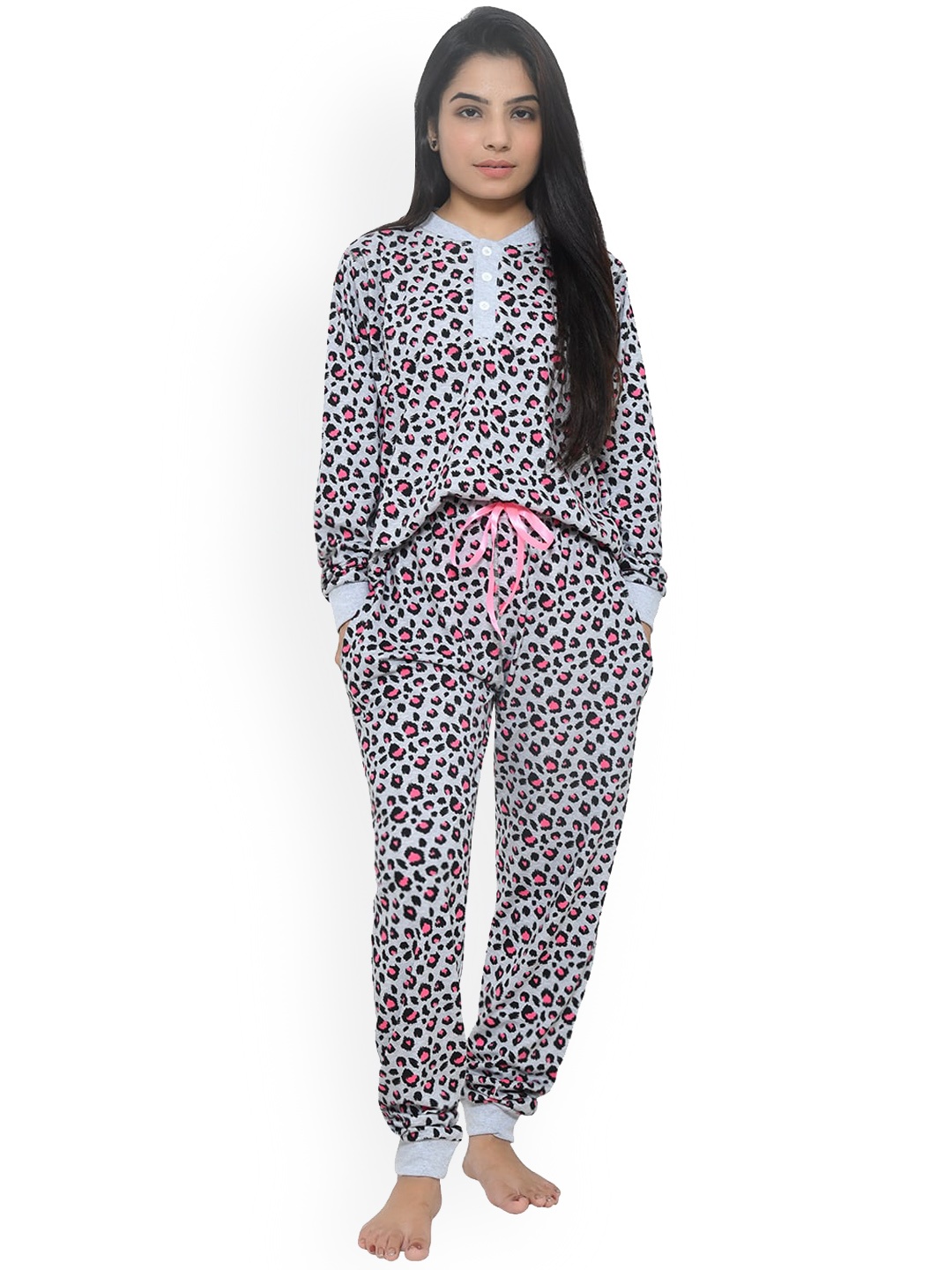 

FUNKRAFTS Girls Grey & Black Printed Pure Cotton Night Suit