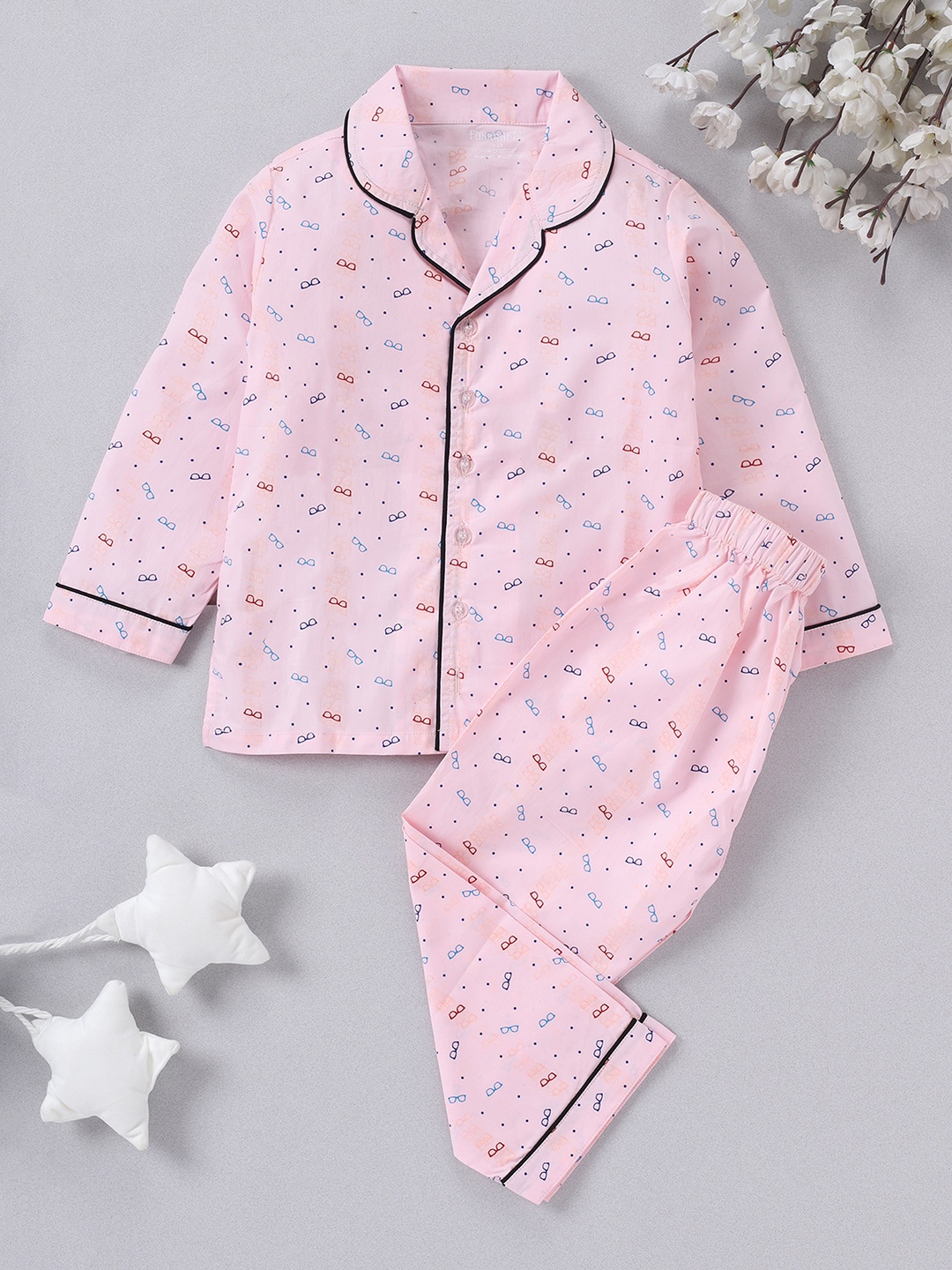 

FUNKRAFTS Girls Pink & Blue Printed Pure Cotton Night suit