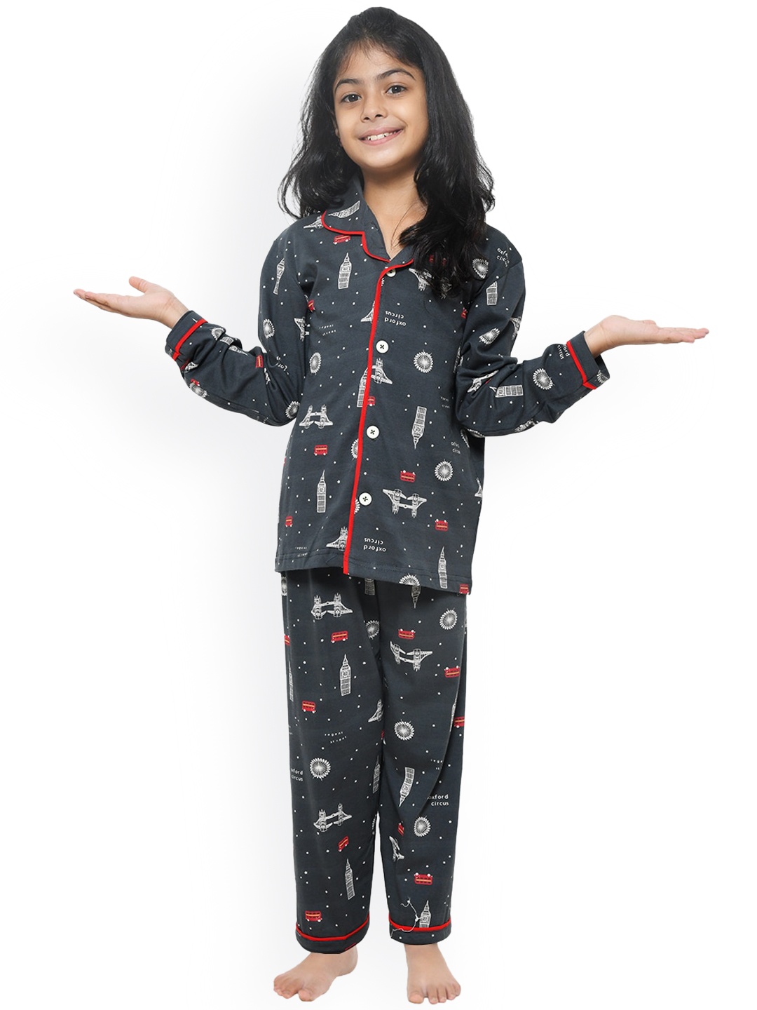

FUNKRAFTS Girls Grey & Red Printed Pure Cotton Night suit
