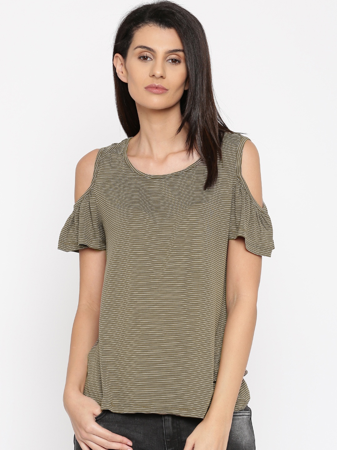

Honey by Pantaloons Women Olive Green Striped Top