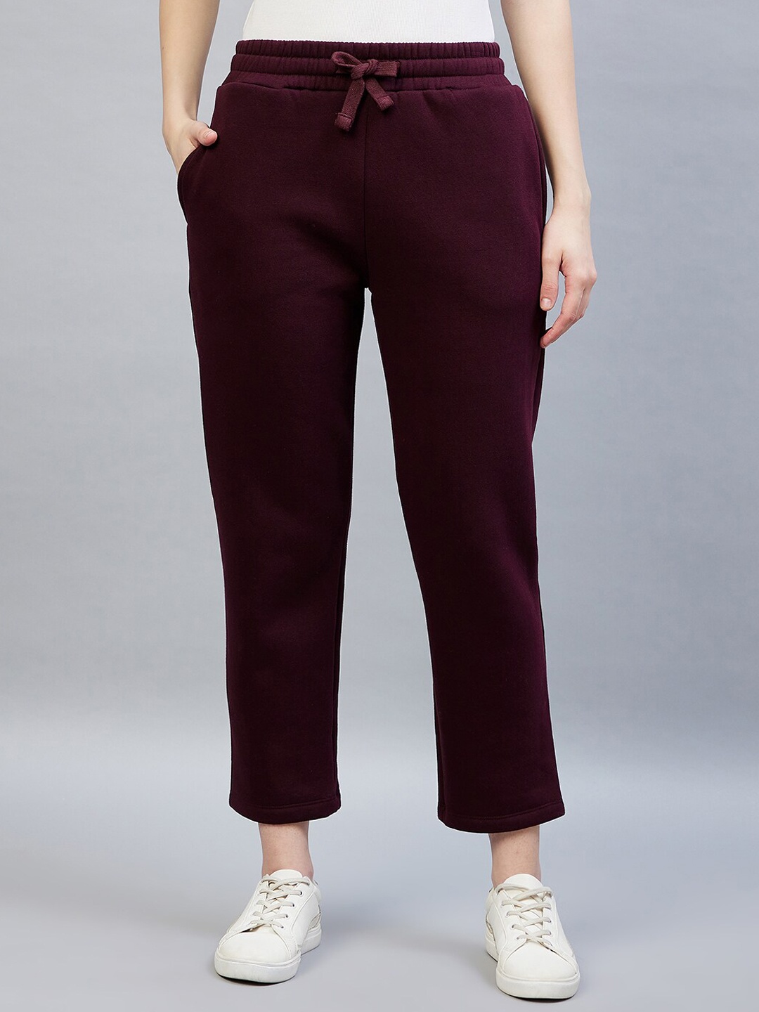 

DELAN Women Burgundy Solid Cotton Regular Fit Track Pants