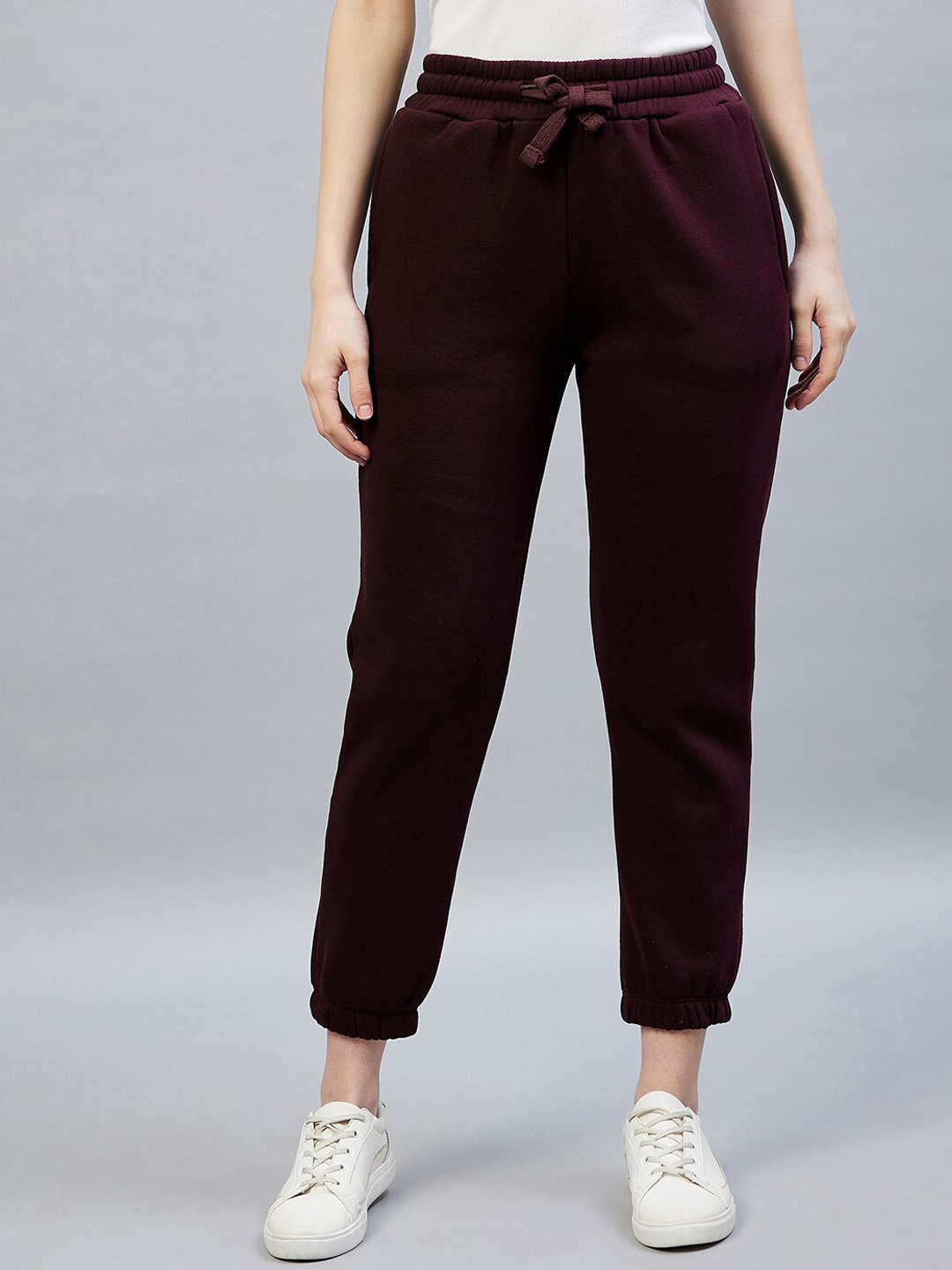 

DELAN Women Burgundy Solid Cotton Regular Fit Joggers