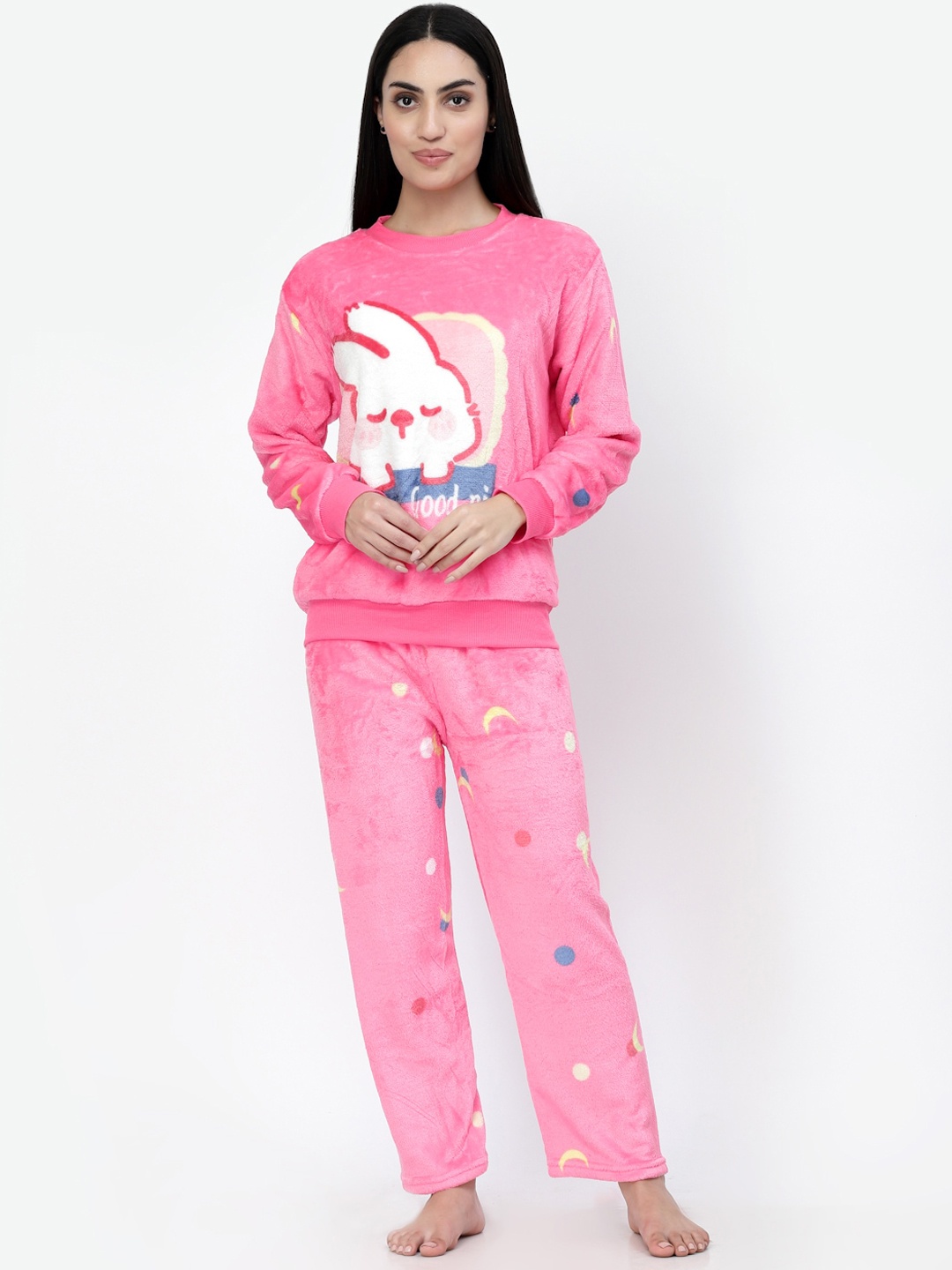 

KLOTTHE Women Pink & White Printed Woolen Night suit