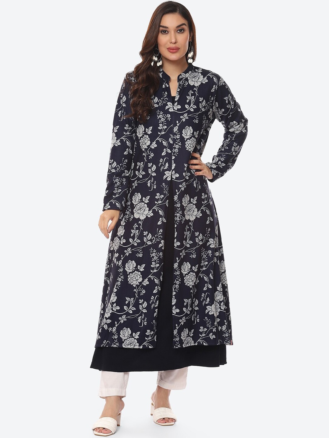 

Biba Floral Printed Mandarin Collar A-Line Kurta, Navy blue