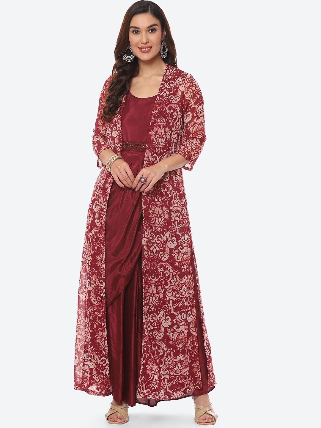 

Biba Women Maroon Solid Belted Dress With Ethnic Motifs Jacket