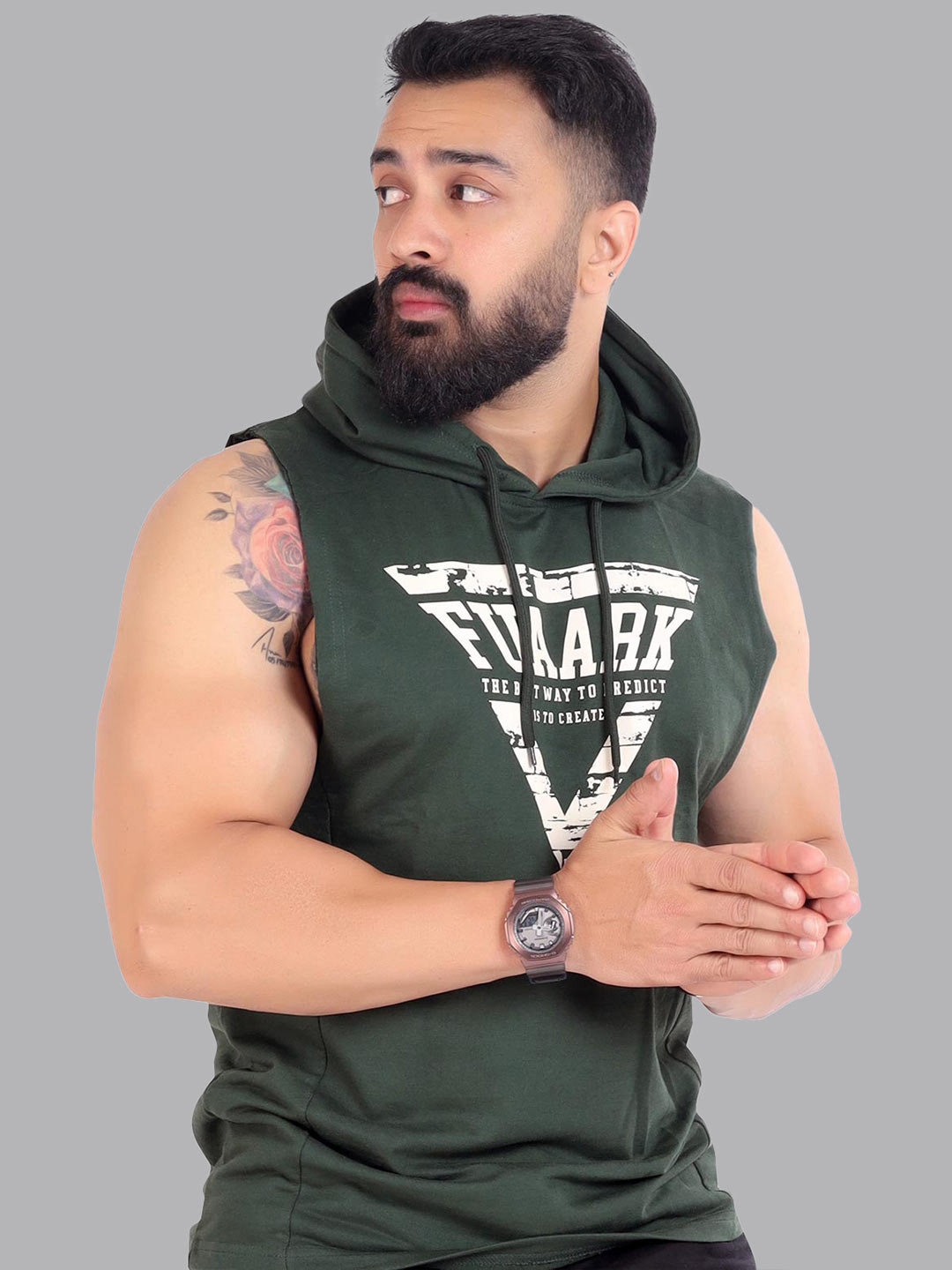 

FUAARK Men Olive Green Printed Anti-Odour Hooded Sweatshirt