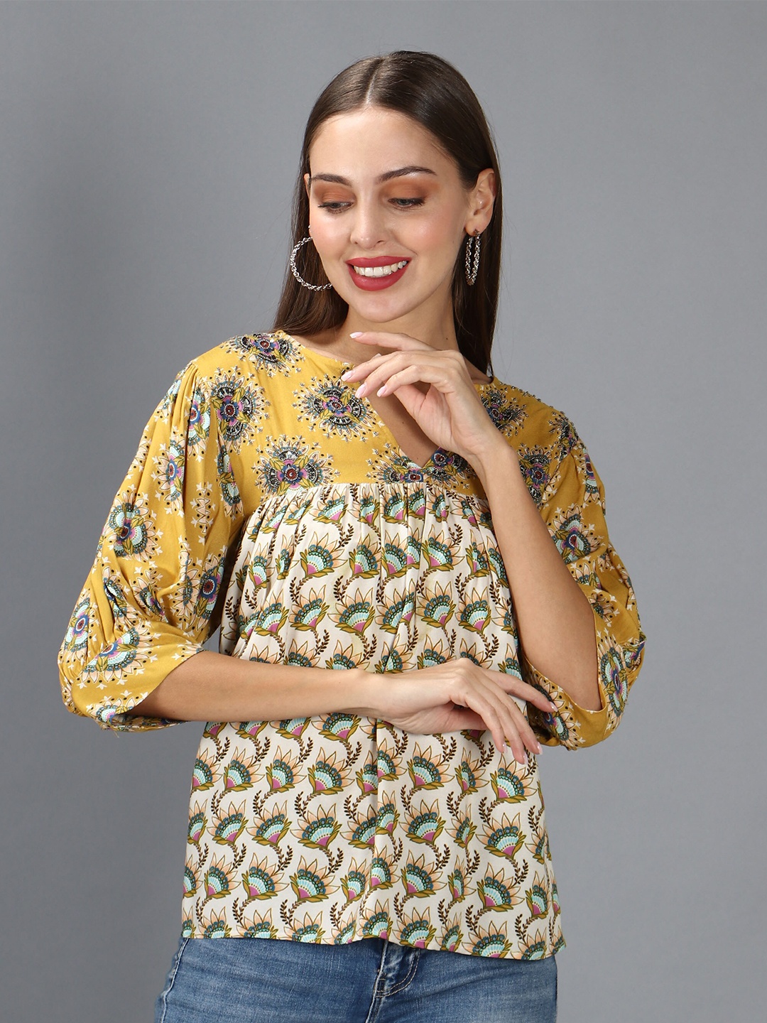 

Amagyaa Yellow Floral Printed Cotton Top