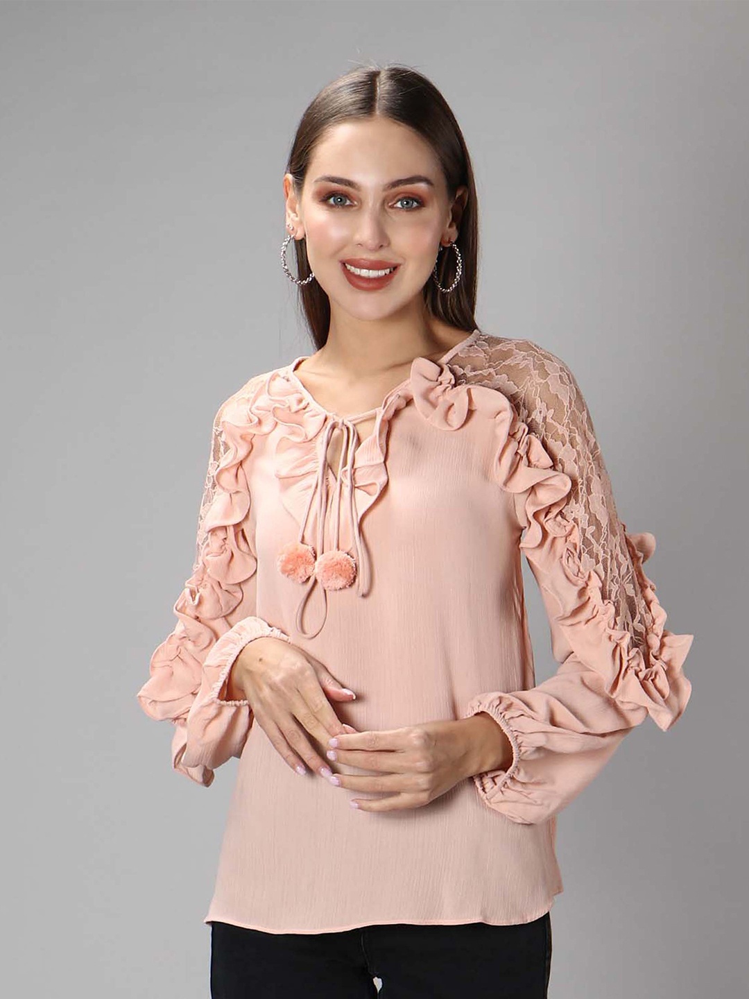 

Amagyaa Peach-Coloured Tie-Up Neck Ruffles Bohemian Crepe Top