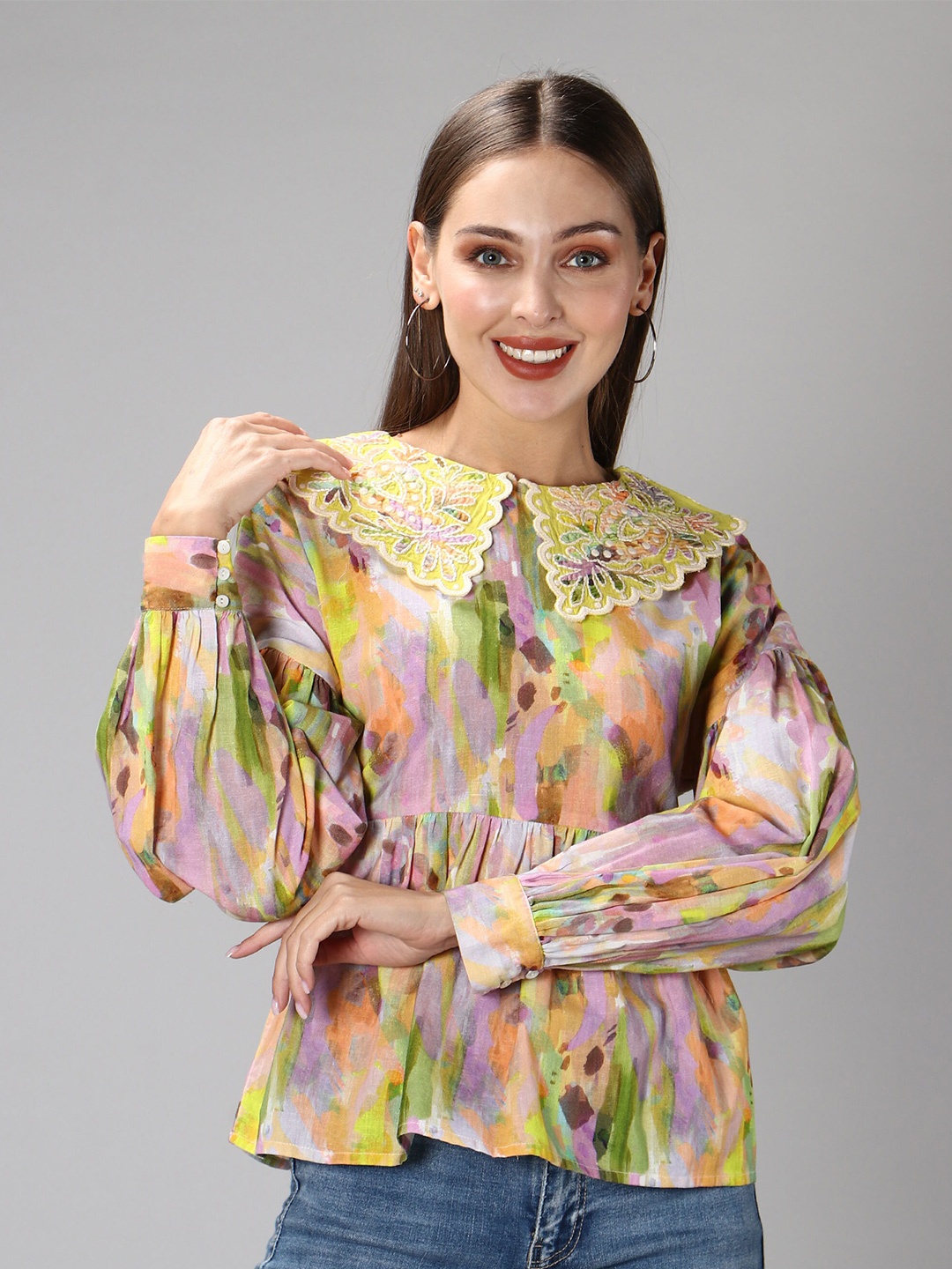 

Amagyaa Green & Purple Print Bohemian Peplum Top