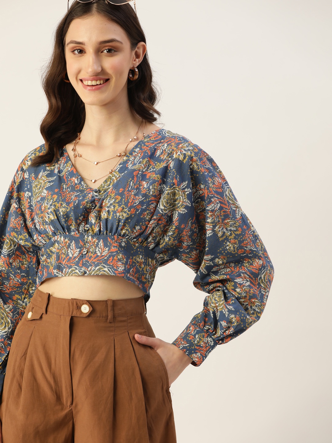 

DressBerry Women Blue & Olive Green Floral Print Crop Top