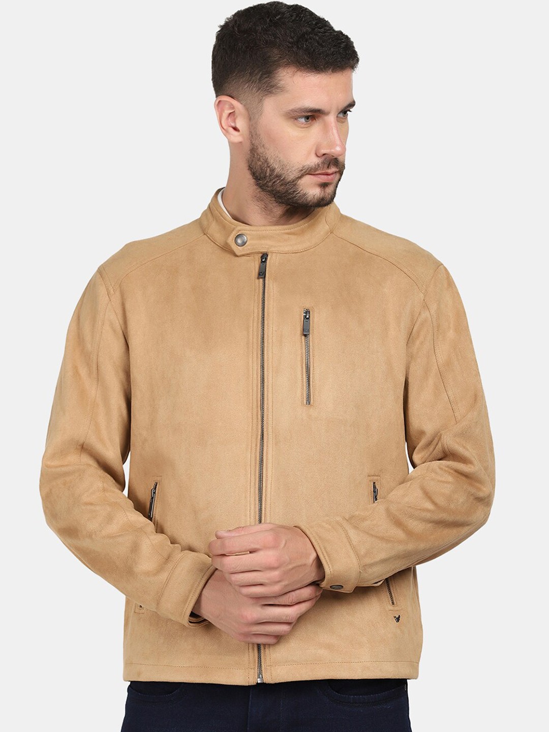 

Blackberrys Men Beige Solid Biker Jacket With zip Detail