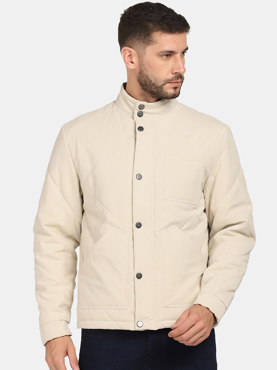 

Blackberrys Men Beige Bomber Jacket With Snap Button