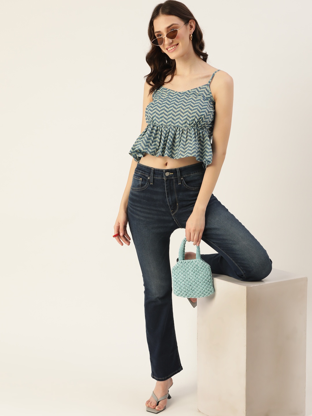 

DressBerry Navy Blue & Beige Geometric Print Cotton Crop Top