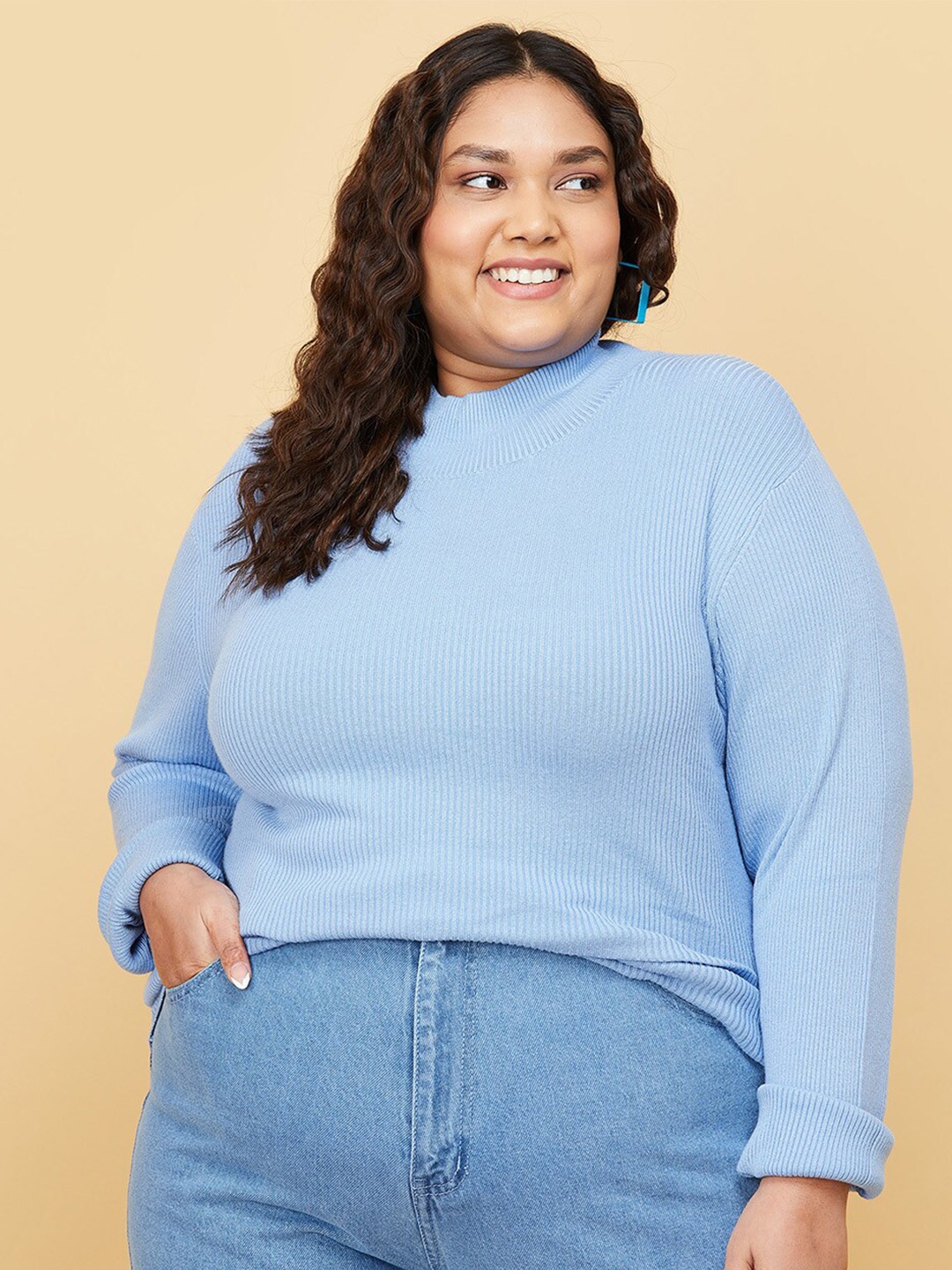 

max Women Plus Size Blue Ribbed Pullover Sweater