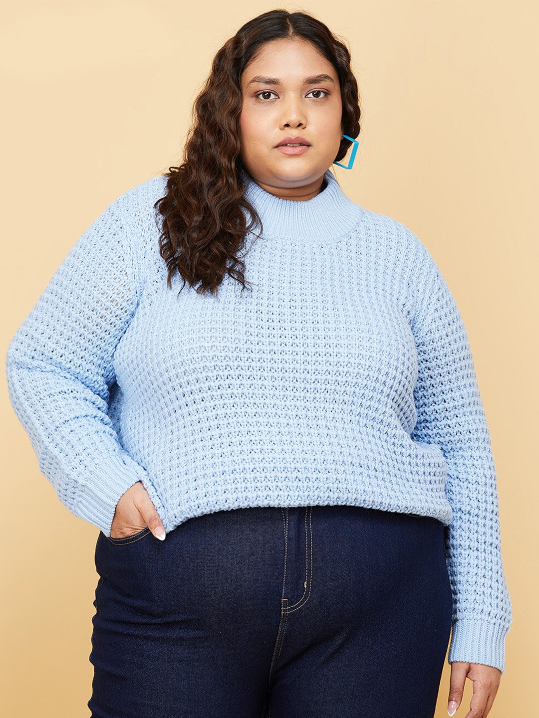 

max Women Plus Size Blue Cable Knit Pullover Sweater