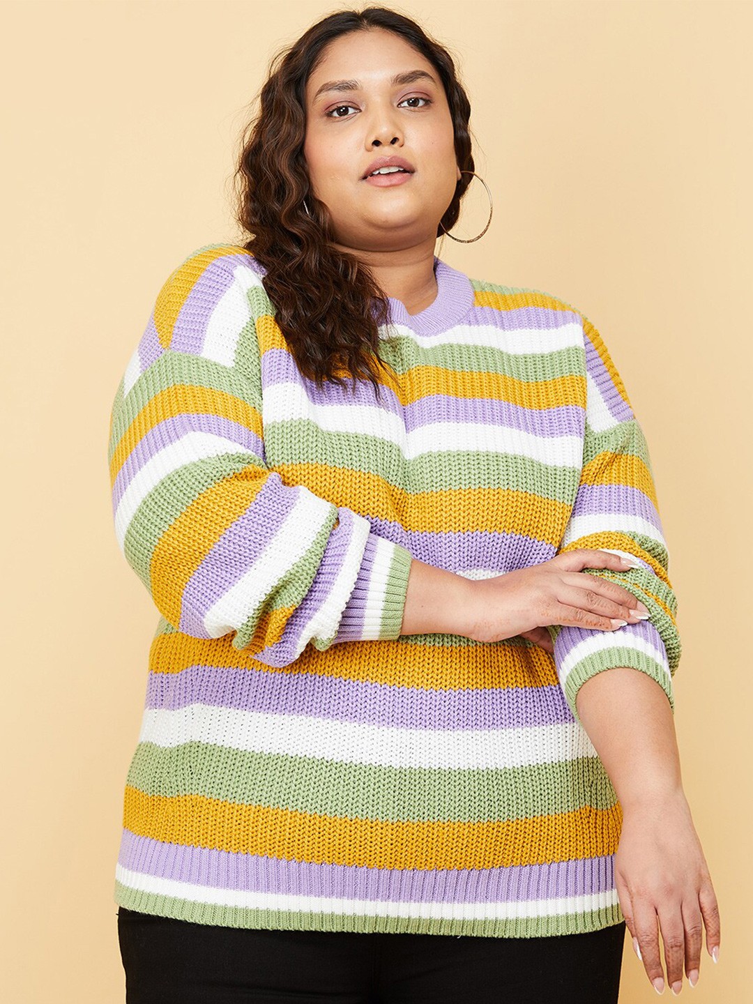 

max Women Plus Size Purple & White Striped Pullover Sweater