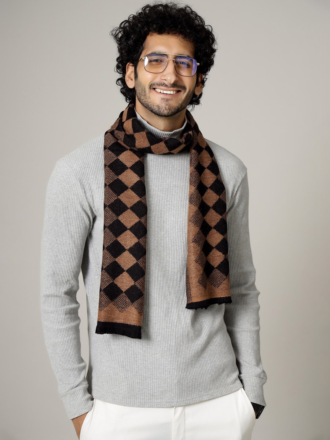 

HANDICRAFT PALACE Men Brown & Black Checked Wool Mufflers