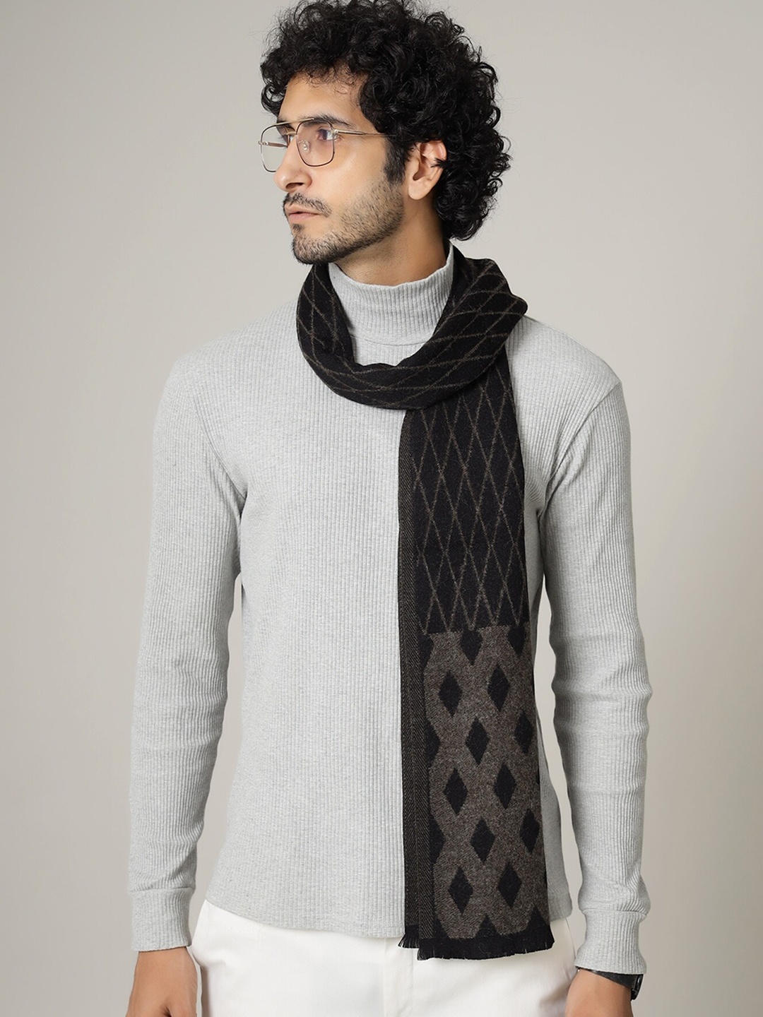 

HANDICRAFT PALACE Men Black & Grey Abstract Knitted Wool Muffler