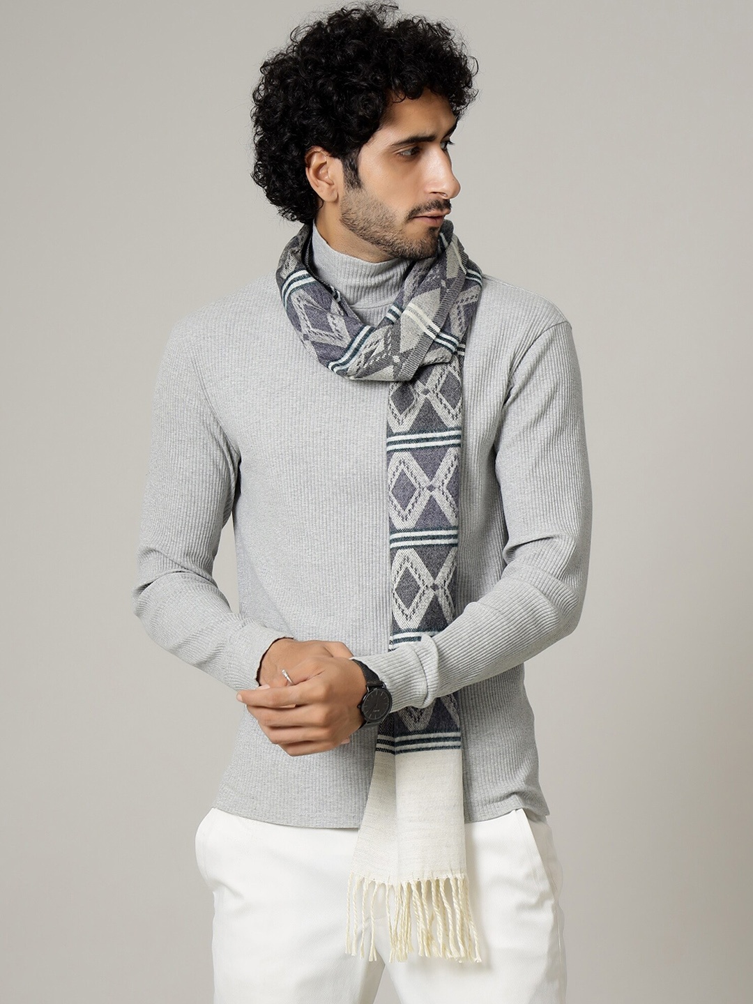 

HANDICRAFT PALACE Men White & Grey Self-Design Mufflers