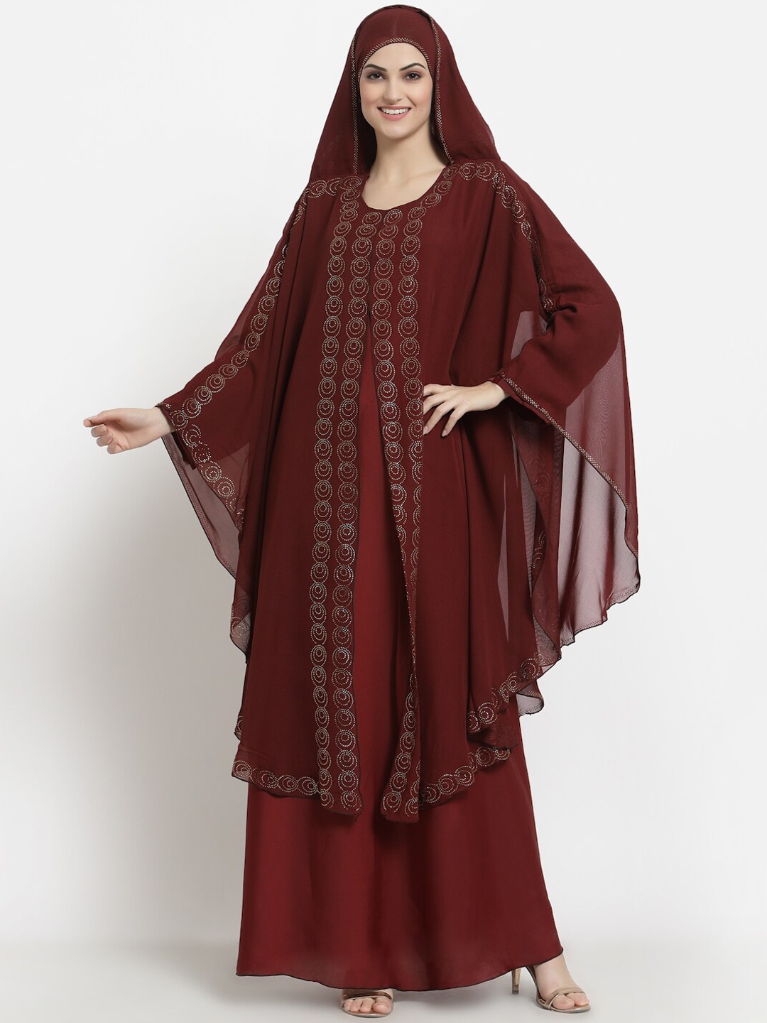 

Arrabi Women Red Solid Burqa With Scarf, Maroon