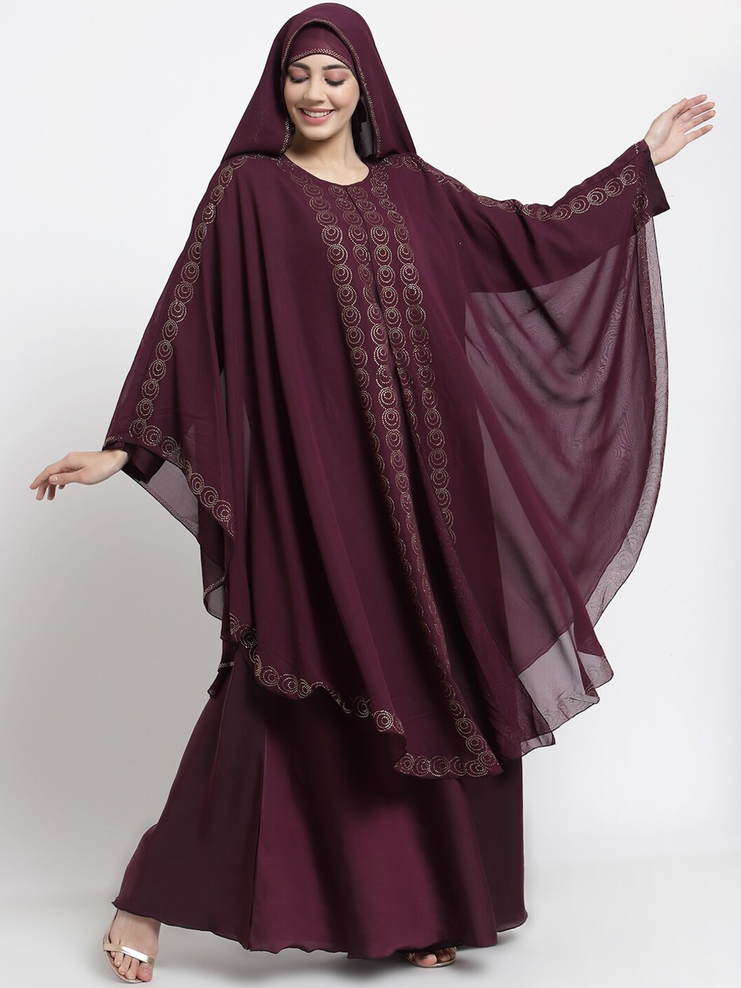 

Arrabi Women Purple Embellished Burqa With Scarf