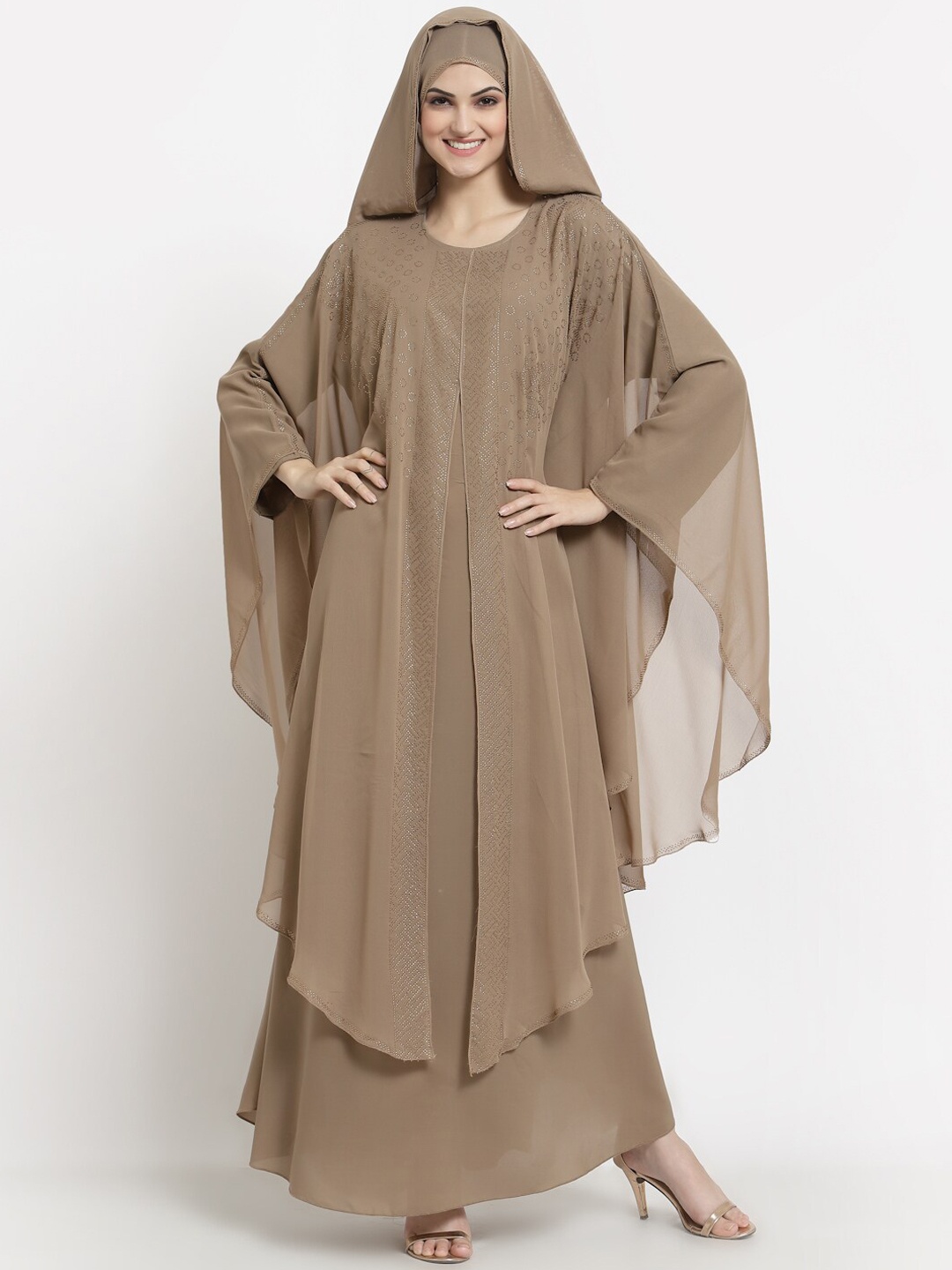 

Arrabi Women Brown Embellished Burqas With Scarf