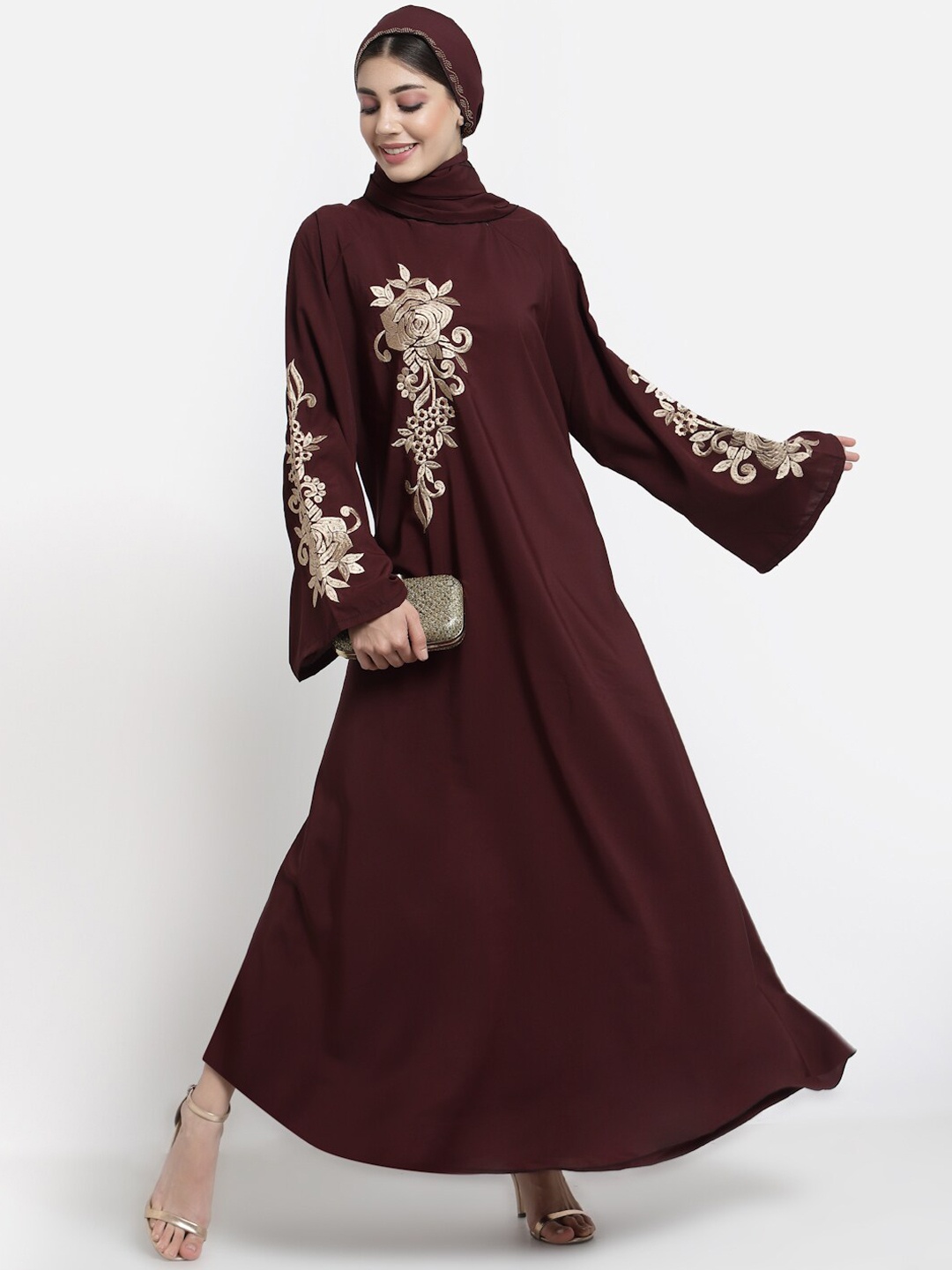 

Arrabi Women Maroon & Beige Embroidered Burqas With Scarf