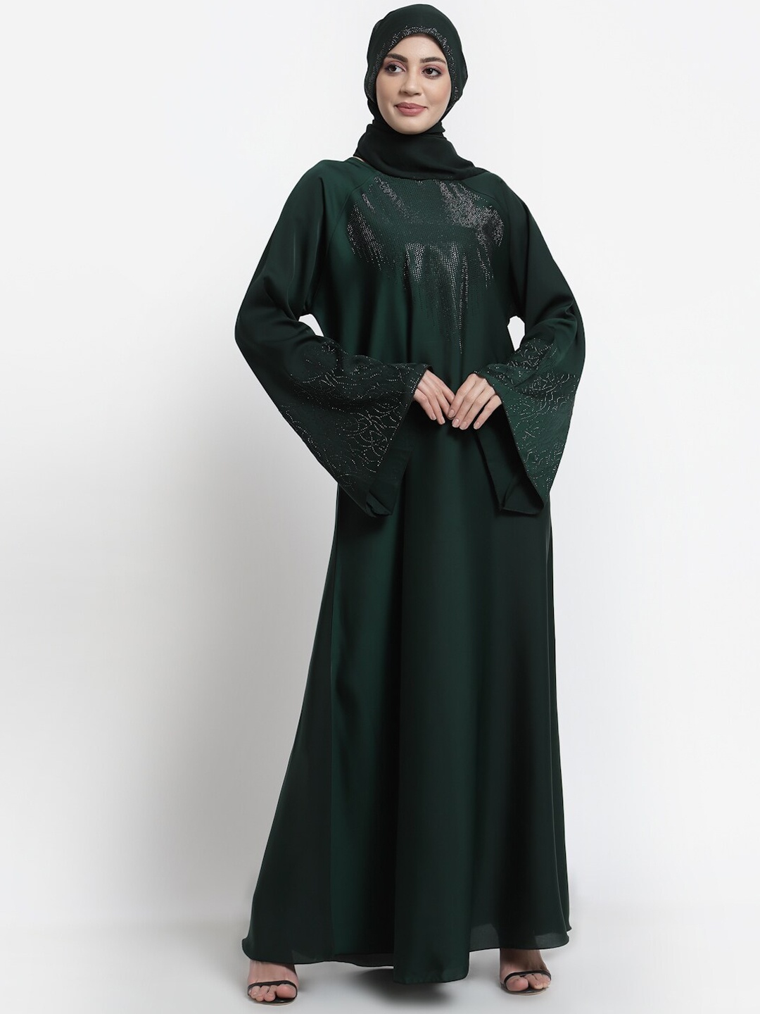 

Arrabi Women Green Embellished Burqas With Scarf