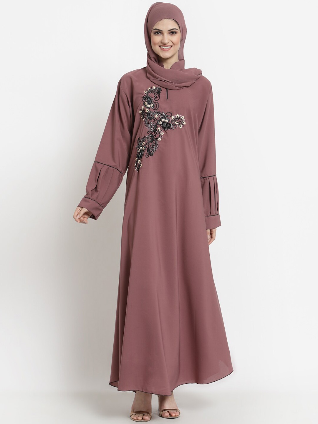 

Arrabi Women Pink Embellished Burqa With Scarf