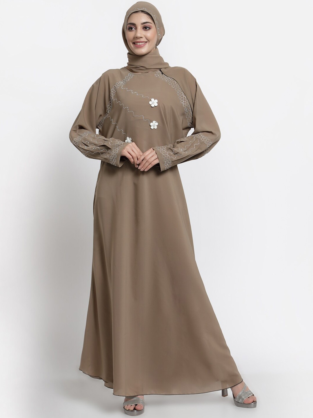

Arrabi Women Brown Embellished Burqas With Scarf