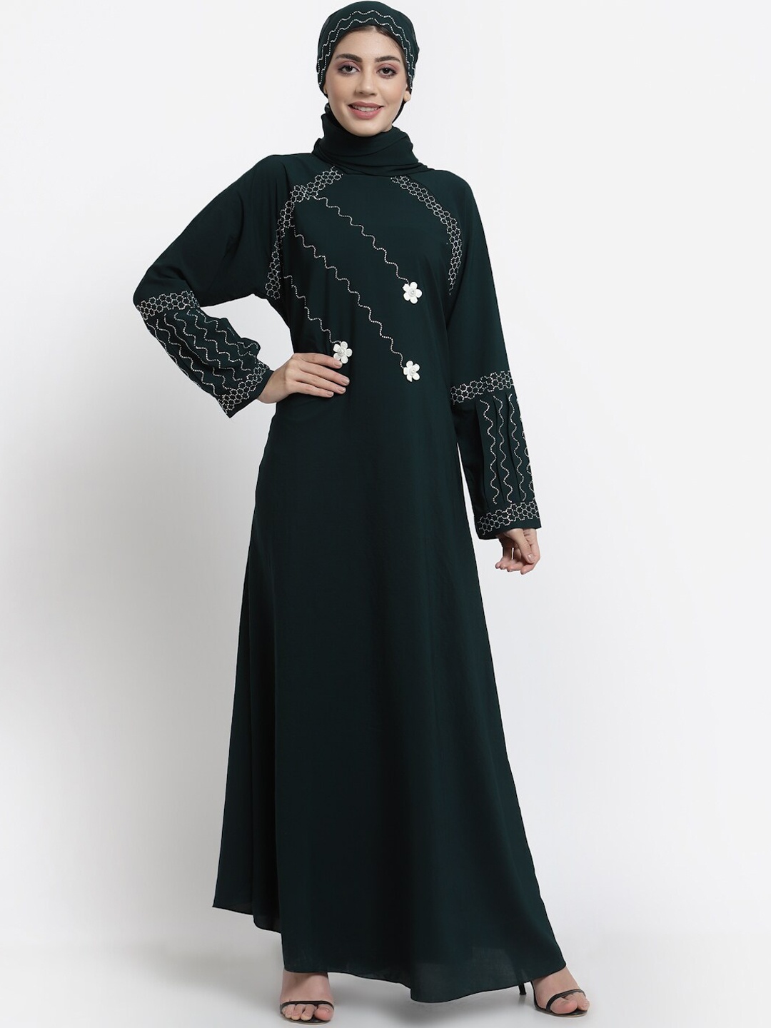 

Arrabi Women Green Embellished Burqas With Scarf