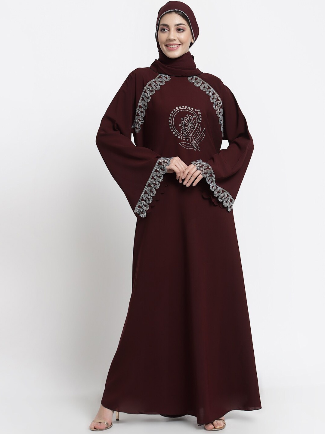 

Arrabi Women Violet Embellished Burqa With Scarf, Maroon
