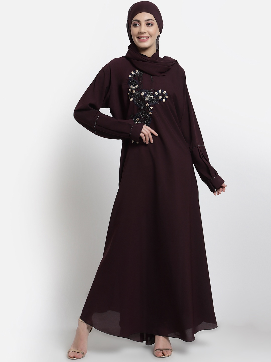 

Arrabi Women Violet Embellished Burqa With Scarf