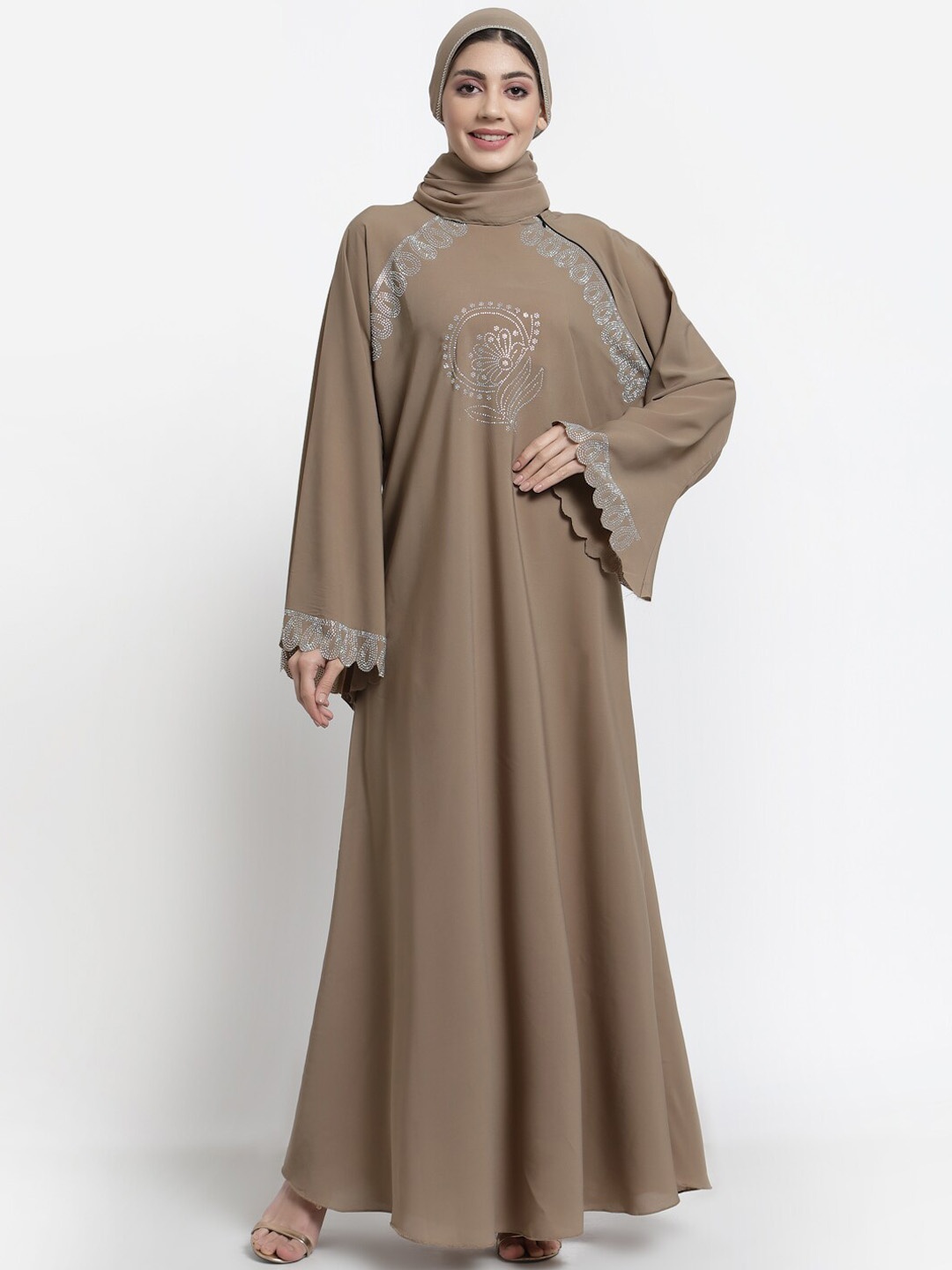 

Arrabi Women Brown Embellished Burqas With Scraf