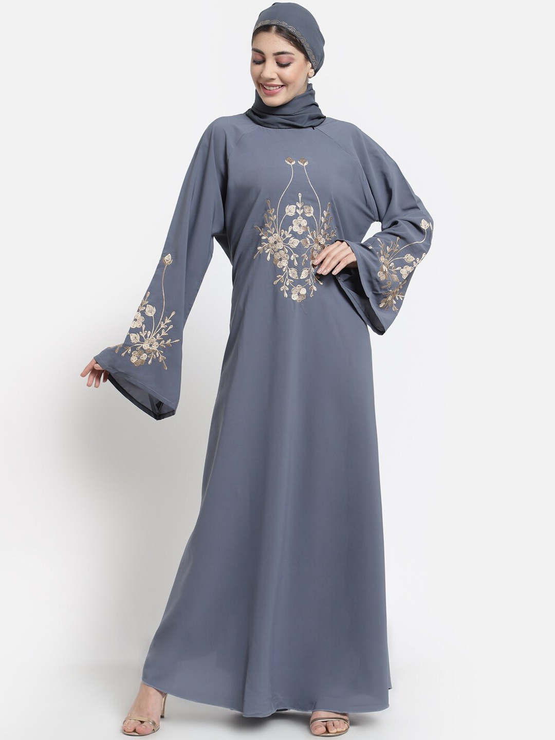 

Arrabi Women Grey Embroidered Burqas With Scarf