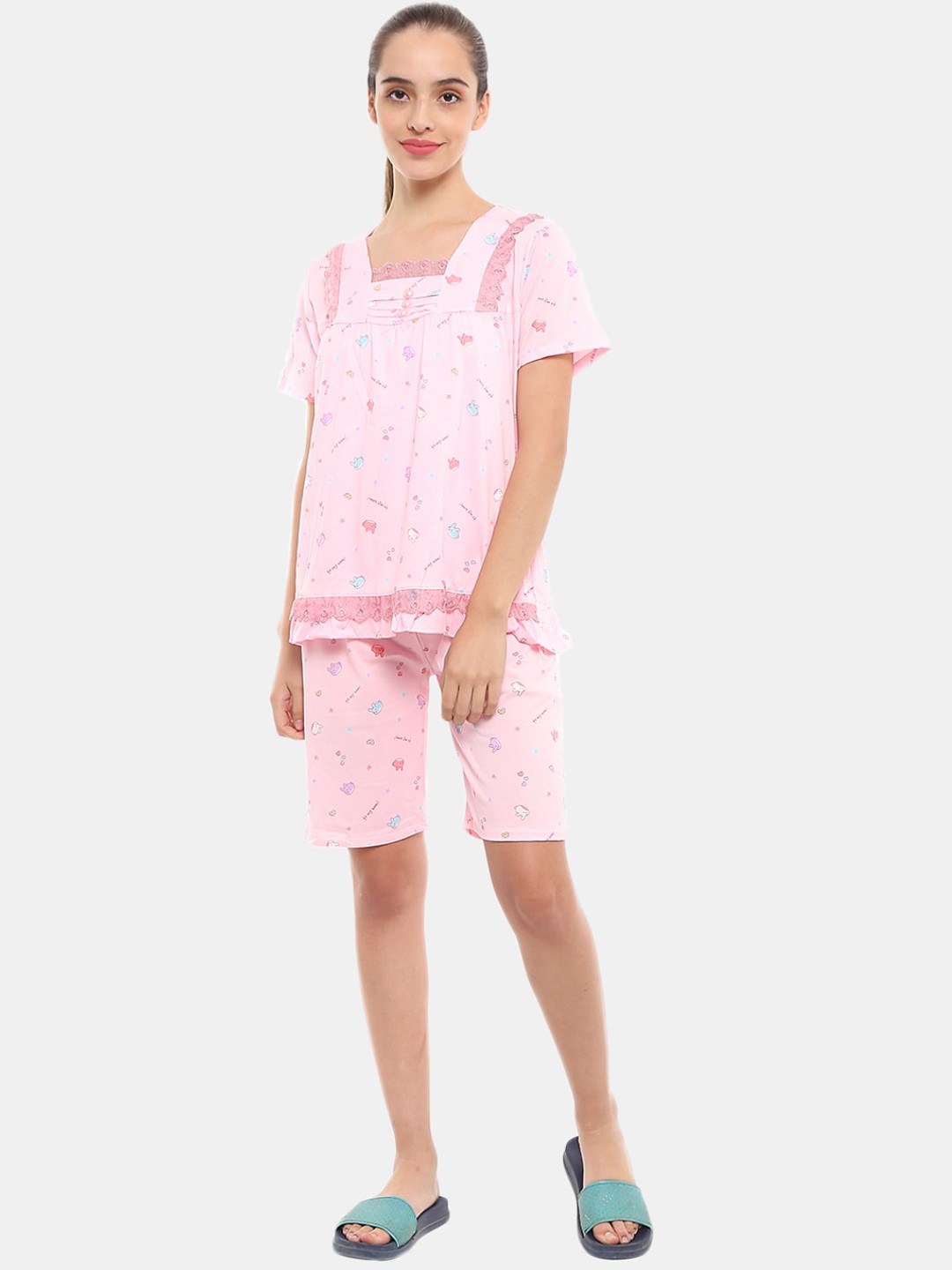 

V-Mart Women Pink & Blue Printed Pure Cotton Night suit