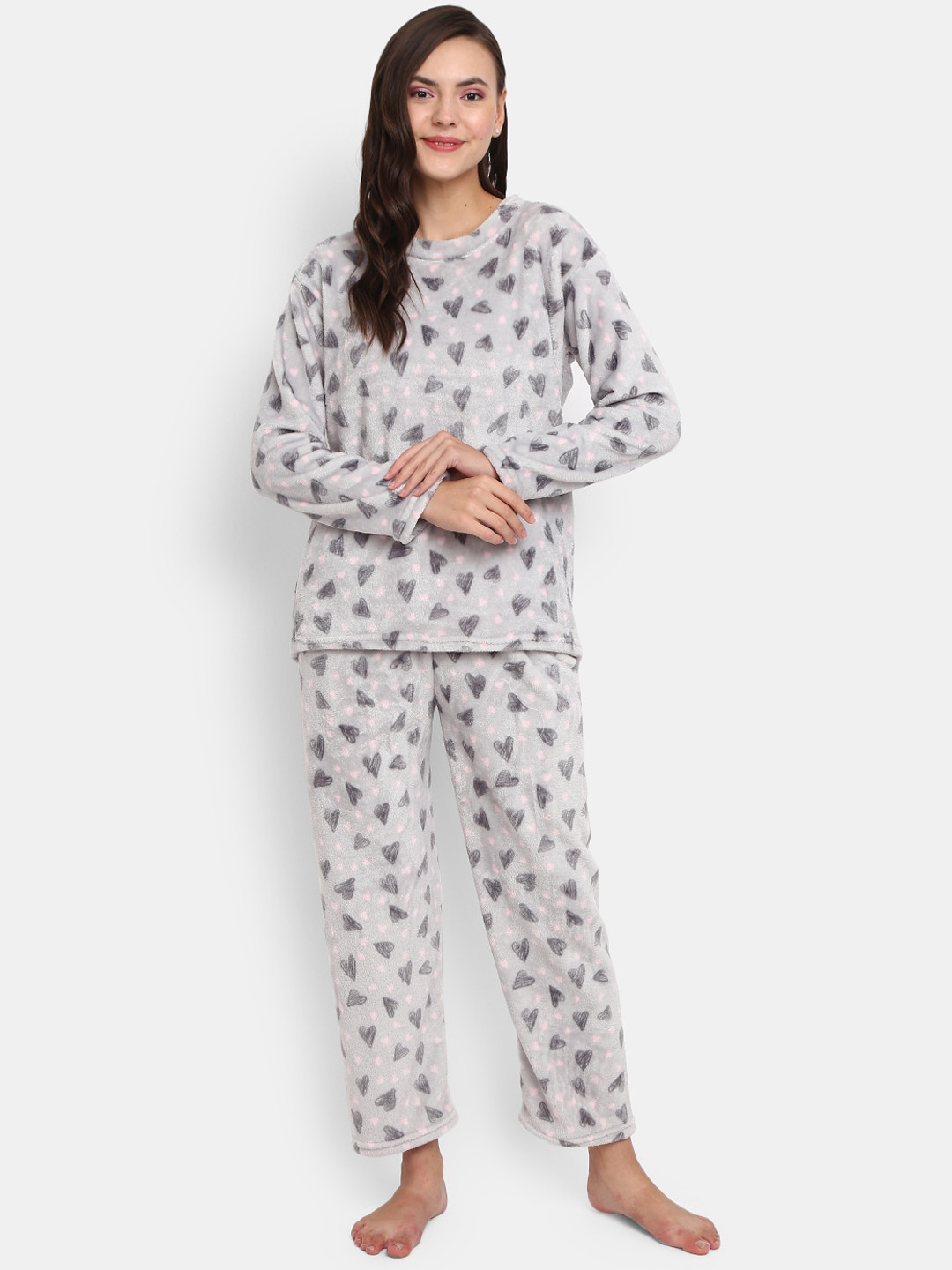 

V-Mart Women Grey & White Printed Polyester Fleece Night suit