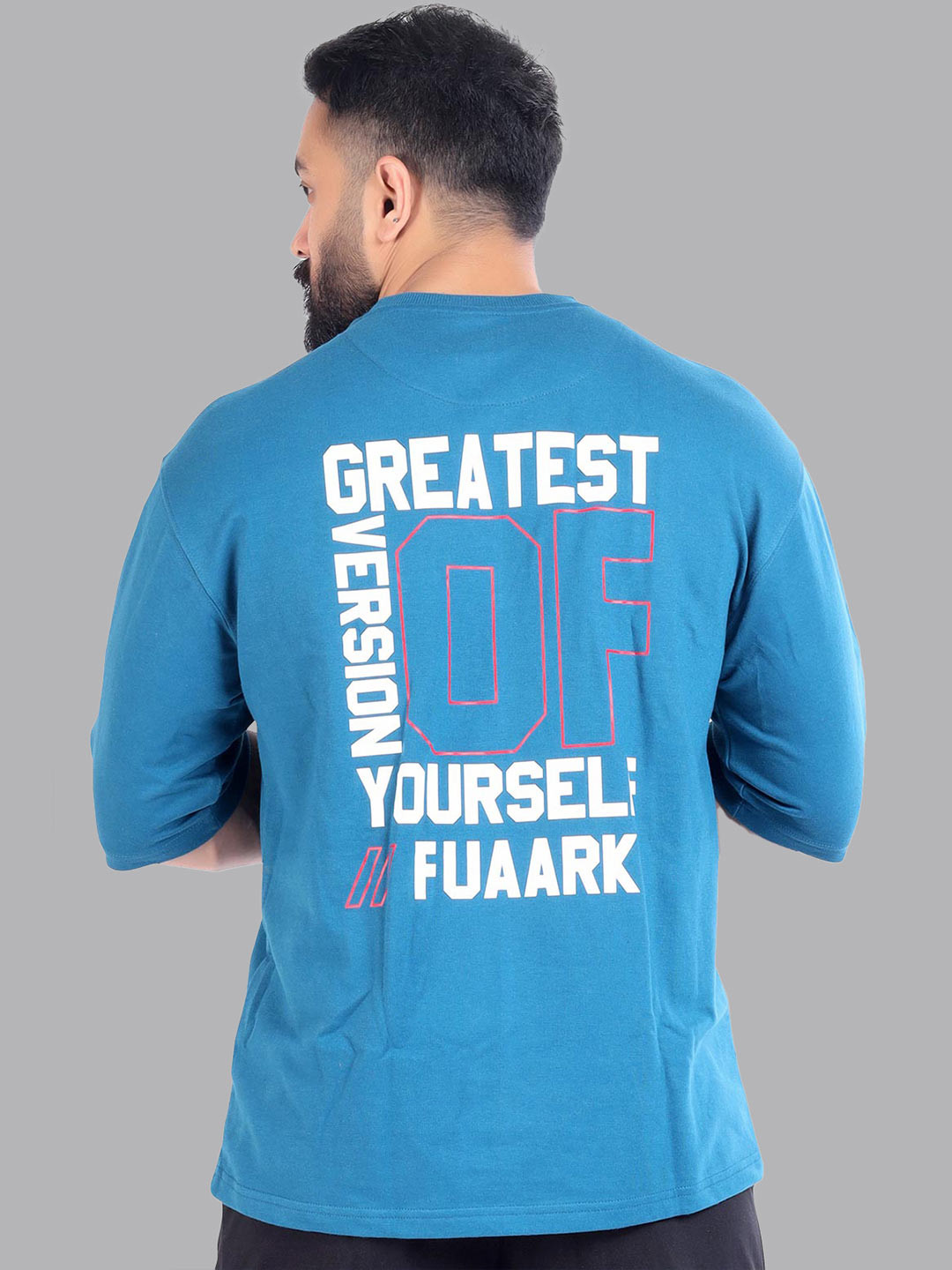 

FUAARK Men Blue Typography Printed Anti Odour Loose Cotton T-shirt