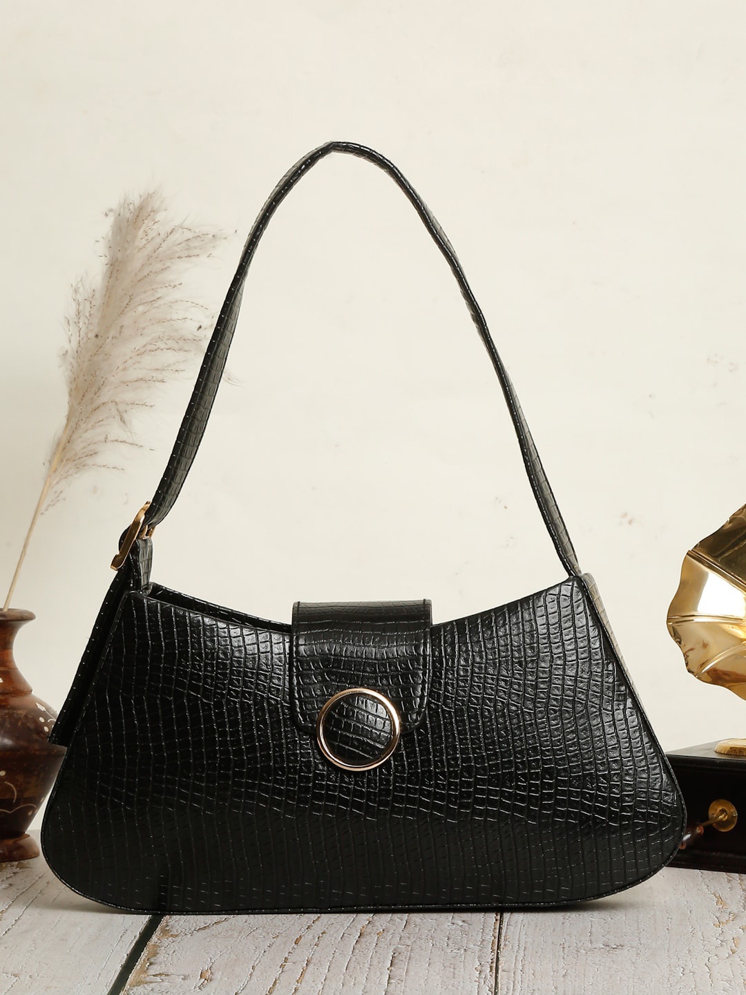 

Apsis Women Black Textured Structured Handheld Bag