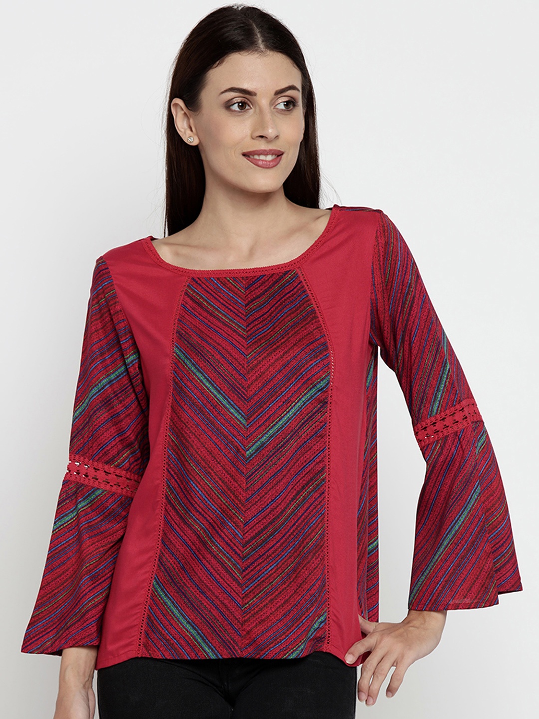 

AKKRITI BY PANTALOONS Striped Bell Sleeve Top, Red