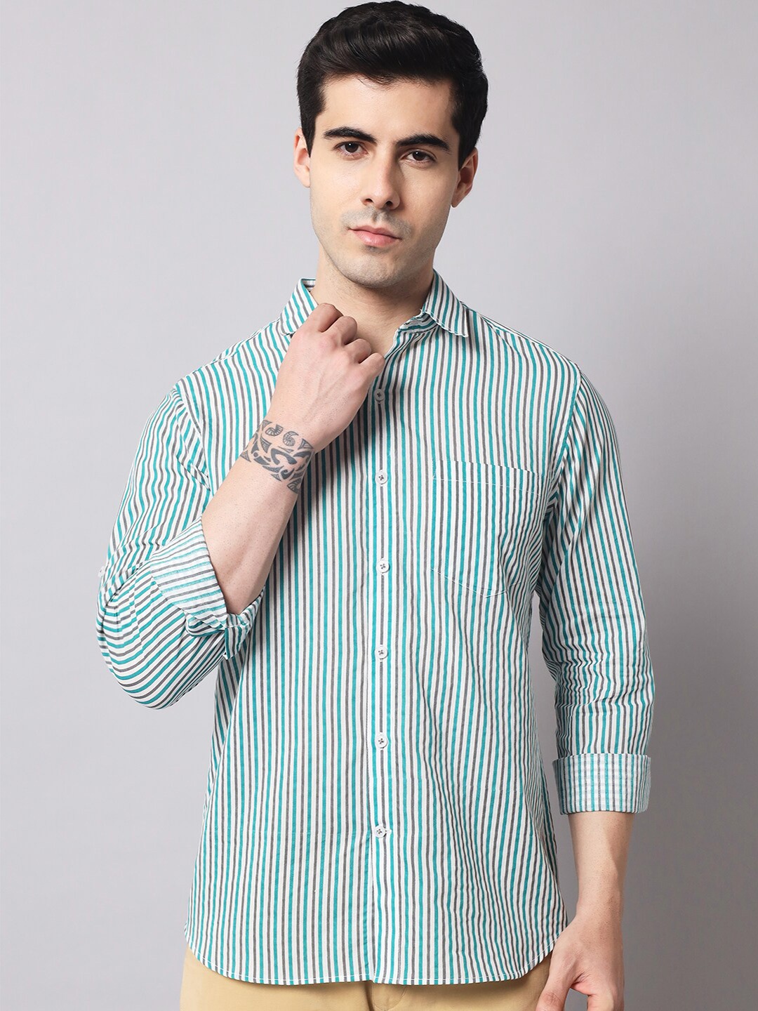 

Sutidora Men Turquoise Blue Classic Striped Cotton Casual Shirt