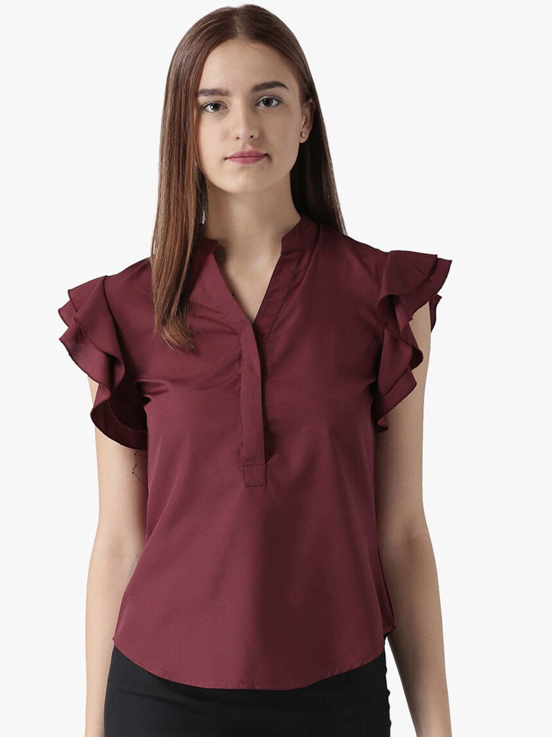 

DODO & MOA Women Burgundy Solid Flutter Sleeves Top
